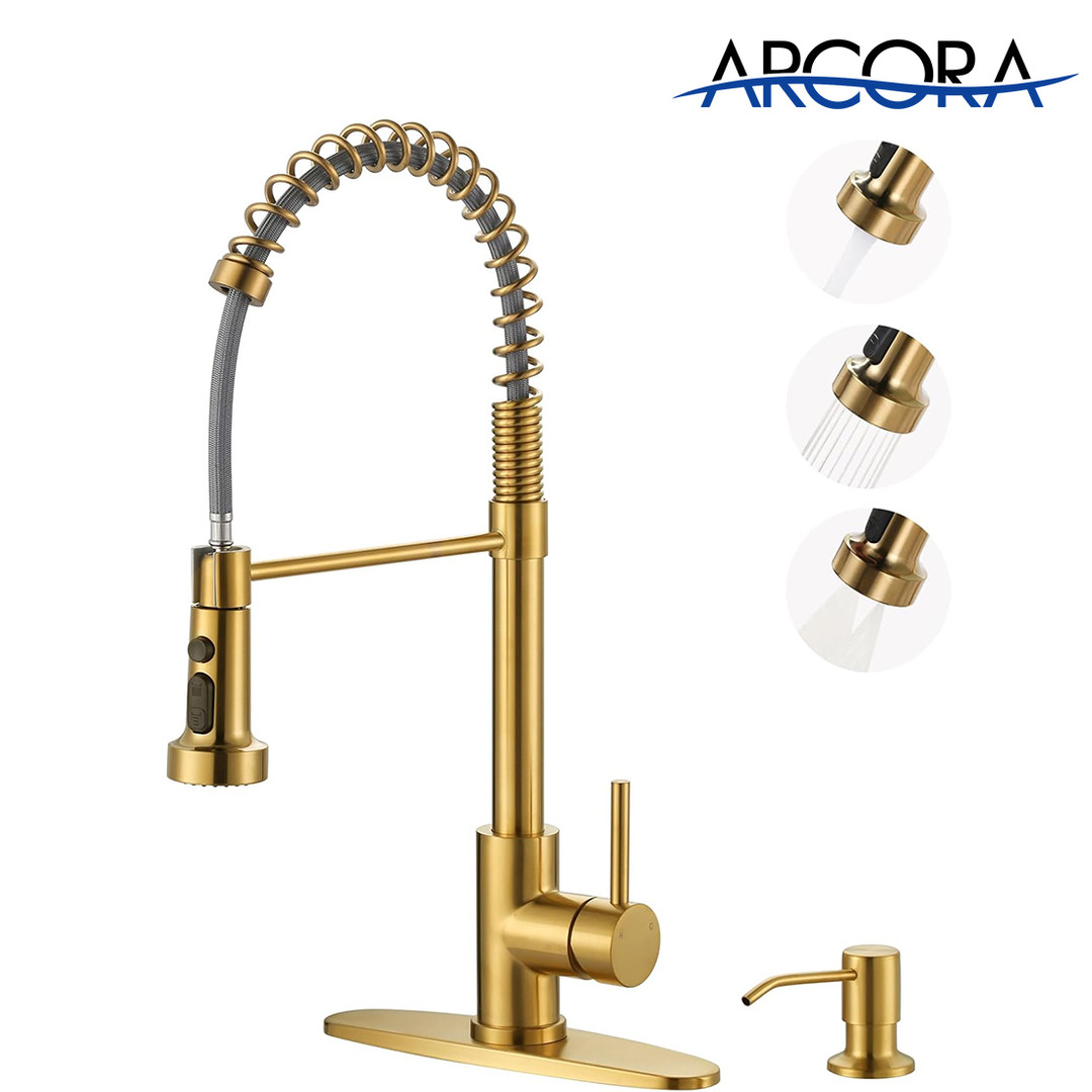 ARCORA Brushed Gold Pull Down Kitchen Sink Faucet for Farmhouse RV Laundry