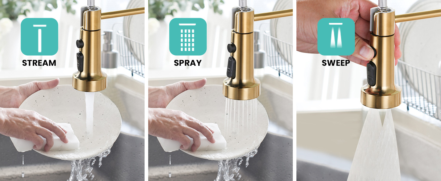 ARCORA Brushed Gold Pull Down Spring Kitchen Faucets with Deck Plate for Farmhouse RV Laundry - Hot Kitchen Faucets - 5