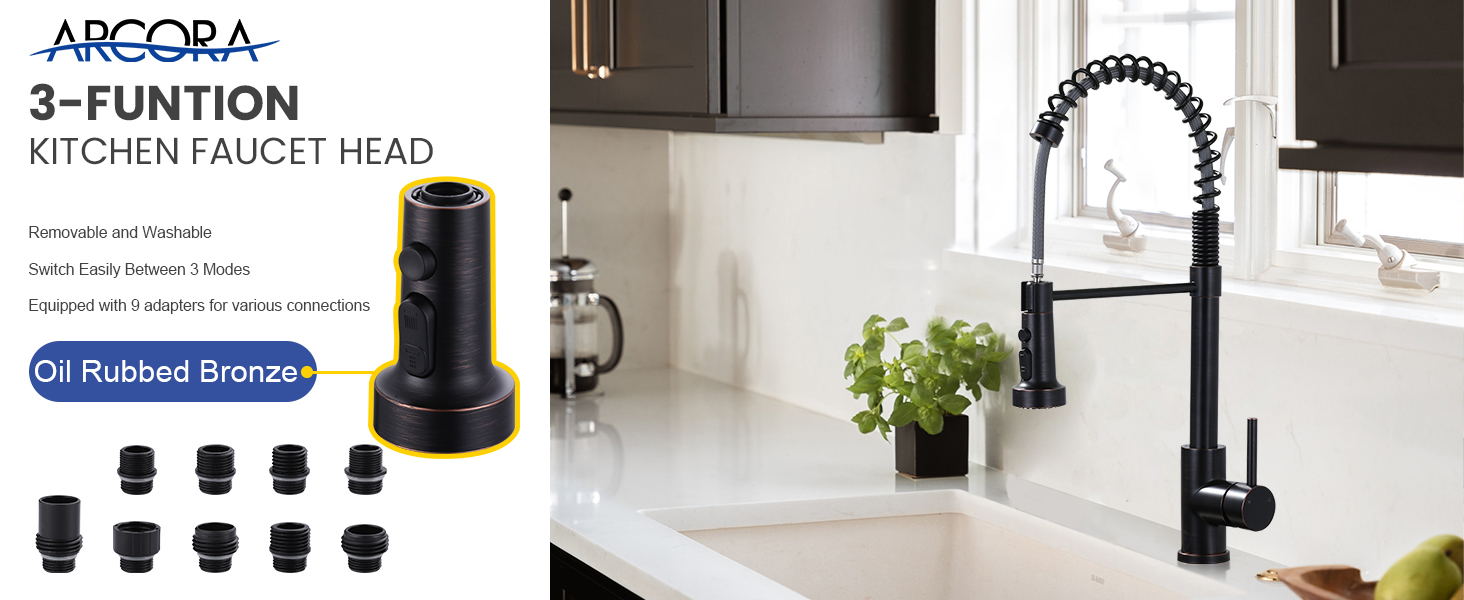 ARCORA Oil Rubbed Bronze 3-Function Kitchen Faucet Sprayer Head Replacement with 9 Adapters Compatible with Moen, Delta - Faucet Accessories - 5