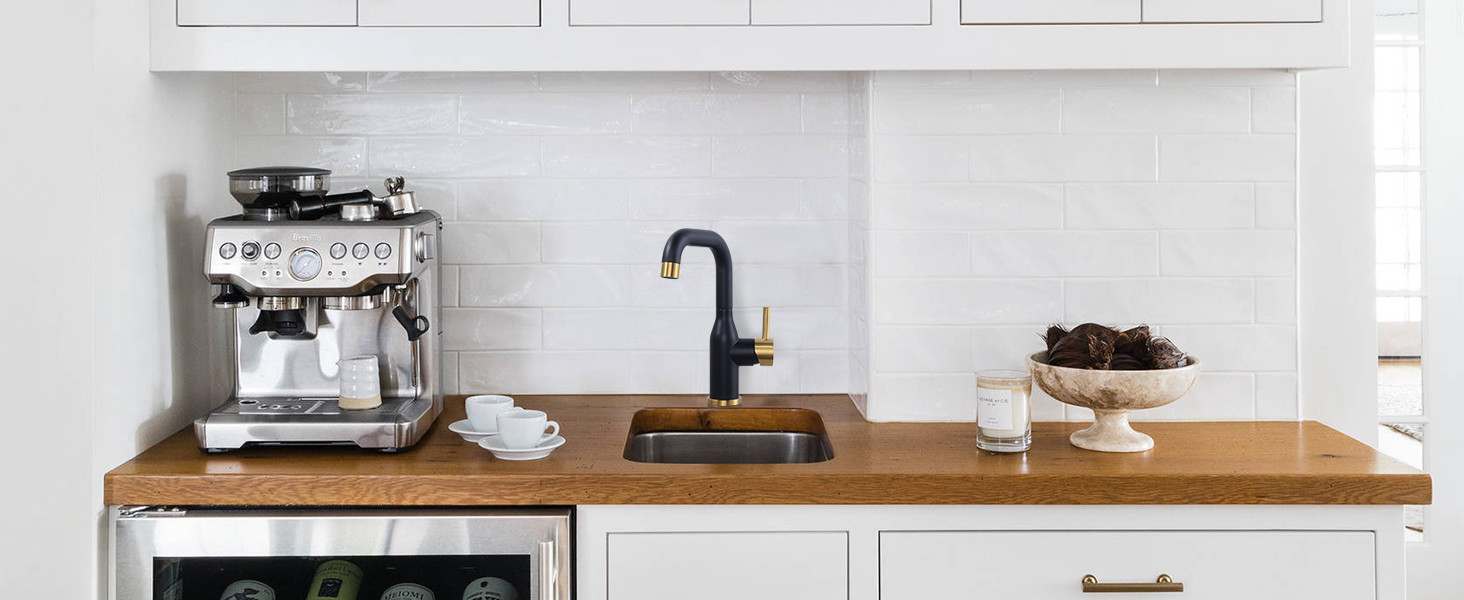 ARCORA Black and Gold 360 Swivel Single Hole Bar Sink Faucet with cUPC Supply Lines - Single Handle Bathroom Faucets - 7