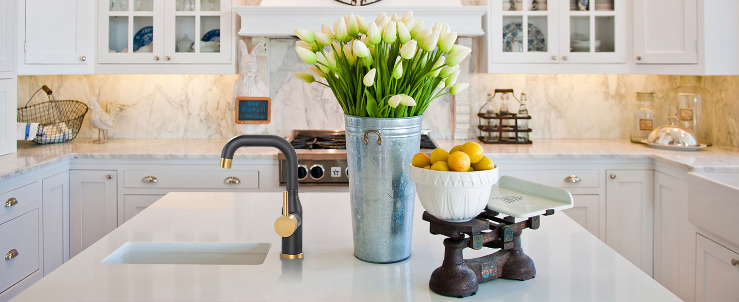 ARCORA Black and Gold 360 Swivel Single Hole Bar Sink Faucet with cUPC Supply Lines - Single Handle Bathroom Faucets - 5