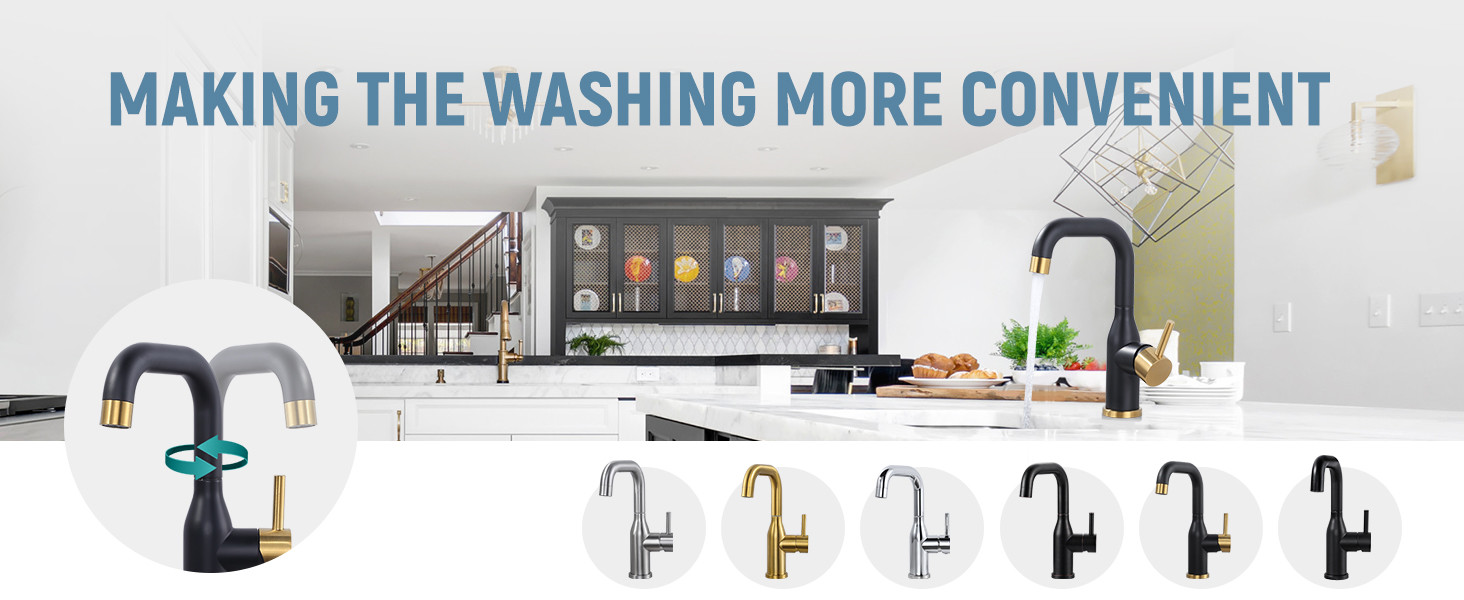 ARCORA Black and Gold 360 Swivel Single Hole Bar Sink Faucet with cUPC Supply Lines - Single Handle Bathroom Faucets - 4