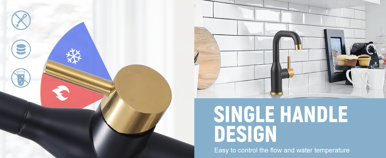 ARCORA Black and Gold 360 Swivel Single Hole Bar Sink Faucet with cUPC Supply Lines - Single Handle Bathroom Faucets - 3