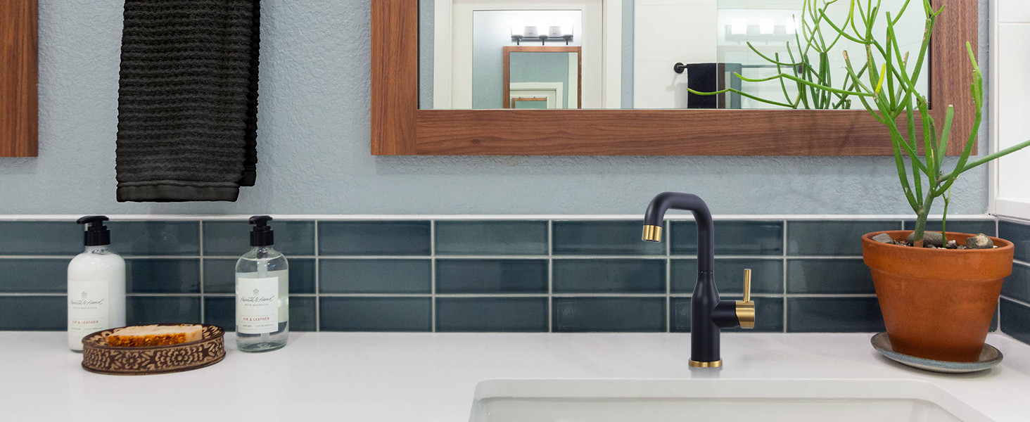 ARCORA Black and Gold 360 Swivel Single Hole Bar Sink Faucet with cUPC Supply Lines - Single Handle Bathroom Faucets - 2