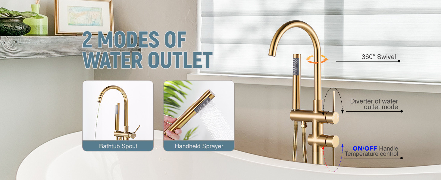 ARCORA Brushed Gold High Flow Freestanding Bathtub Faucet with Handheld Sprayer - Bathtub Faucets - 3