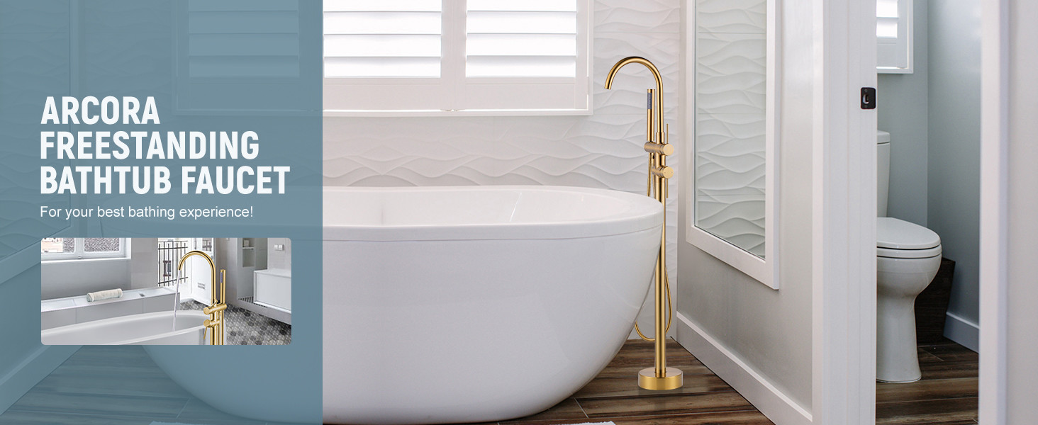 ARCORA Brushed Gold High Flow Freestanding Bathtub Faucet with Handheld Sprayer - Bathtub Faucets - 2