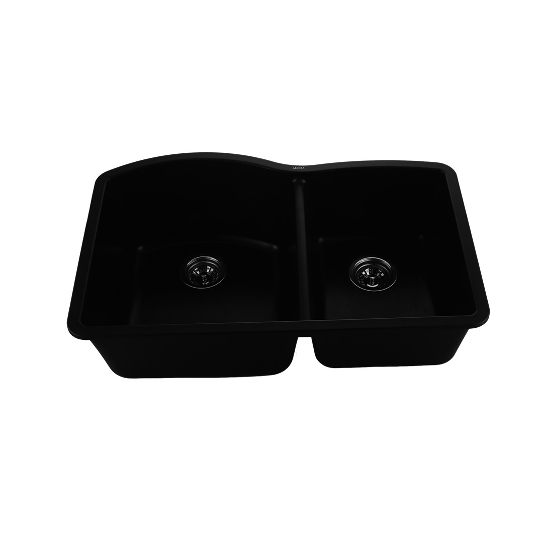 ARCORA Black Quartz Undermount Double Bowl Kitchen Sink with Strainer