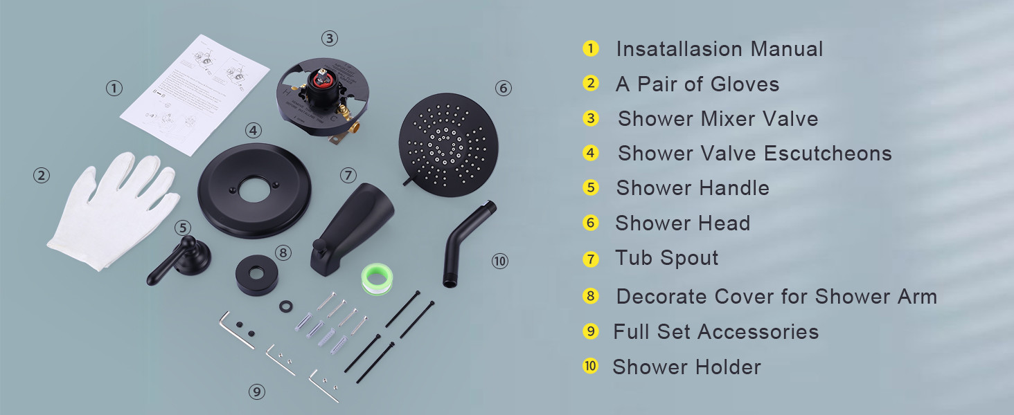 ARCORA Matte Black Wall Mounted Shower System with 6-Inch Rain Shower Head and Tub Spout - Shower Faucets - 11