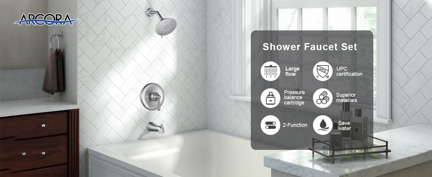 ARCORA Brushed Nickel Wall Mounted Shower System with 6-Inch Rain Shower Head and Tub Spout - Shower Faucets - 2