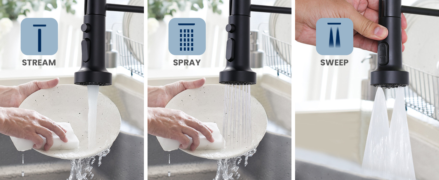 ARCORA Matte Black 3 Mode Commercial Pull Down Kitchen Sink Faucet with Deck Plate for 1 or 3 Hole - Pull Down Kitchen Faucets - 4