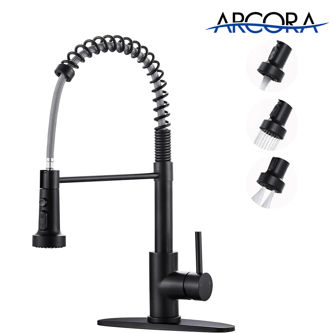 ARCORA Matte Black 3 Mode Commercial Pull Down Kitchen Sink Faucet with Deck Plate for 1 or 3 Hole
