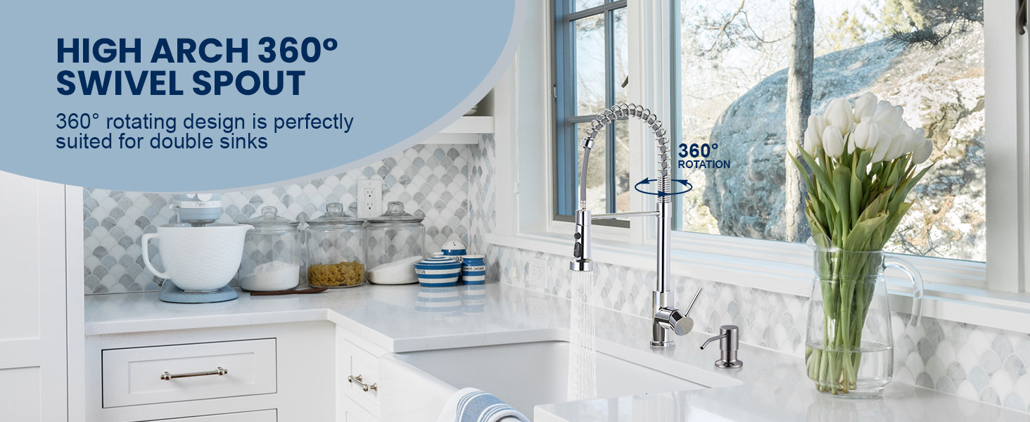 ARCORA Single Handle Chrome Pull Down Kitchen Sink Faucet with Soap Dispenser for Farmhouse RV Laundry - Hot Kitchen Faucets - 5