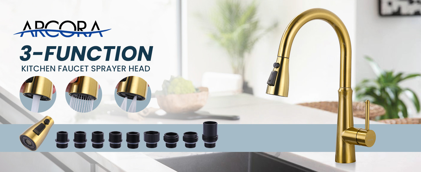 ARCORA Brushed Gold 3-Function Pull Down Spray Head Replacement with 9 Adapters Compatible with Moen, Delta, American Standard Faucets - Faucet Accessories - 2