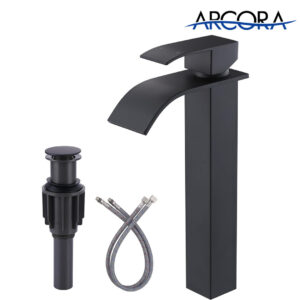 ARCORA Matte Black Single Handle Tall Waterfall Bathroom Faucet with Pop Up Drain and cUPC Supply Lines