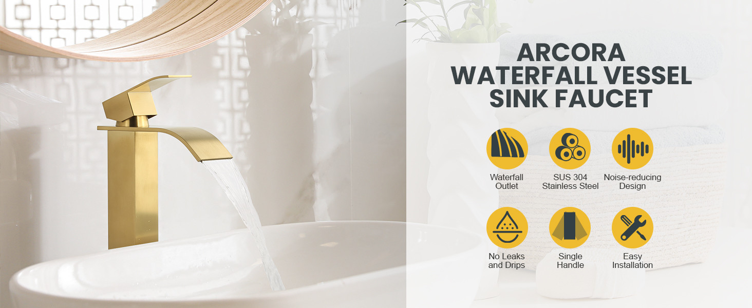 ARCORA Brushed Gold Single Handle Tall Waterfall Bathroom Faucet with Pop Up Drain and cUPC Supply Lines - Single Handle Bathroom Faucets - 3