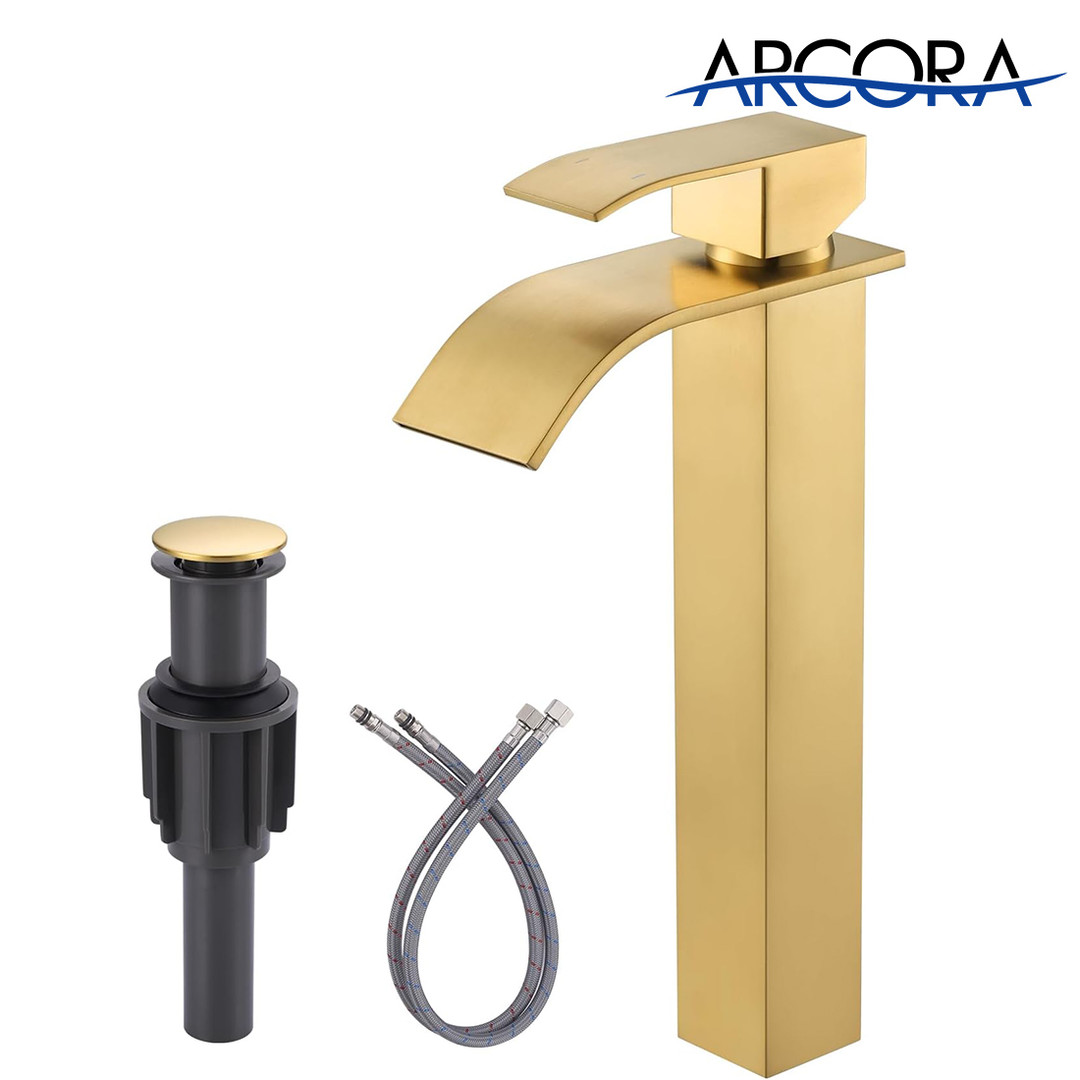 ARCORA Brushed Gold Single Handle Tall Waterfall Bathroom Faucet with Pop Up Drain and cUPC Supply Lines
