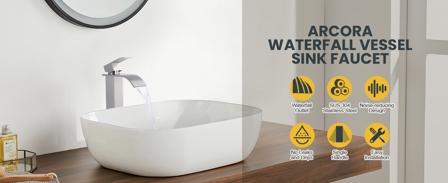 ARCORA Brushed Nickel Single Handle Tall Waterfall Bathroom Faucet with Pop Up Drain and cUPC Supply Lines - Single Handle Bathroom Faucets - 2