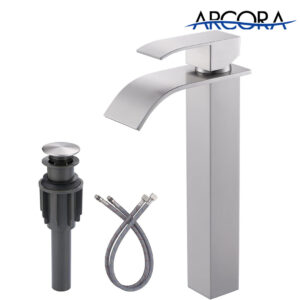 ARCORA Brushed Nickel Single Handle Tall Waterfall Bathroom Faucet with Pop Up Drain and cUPC Supply Lines
