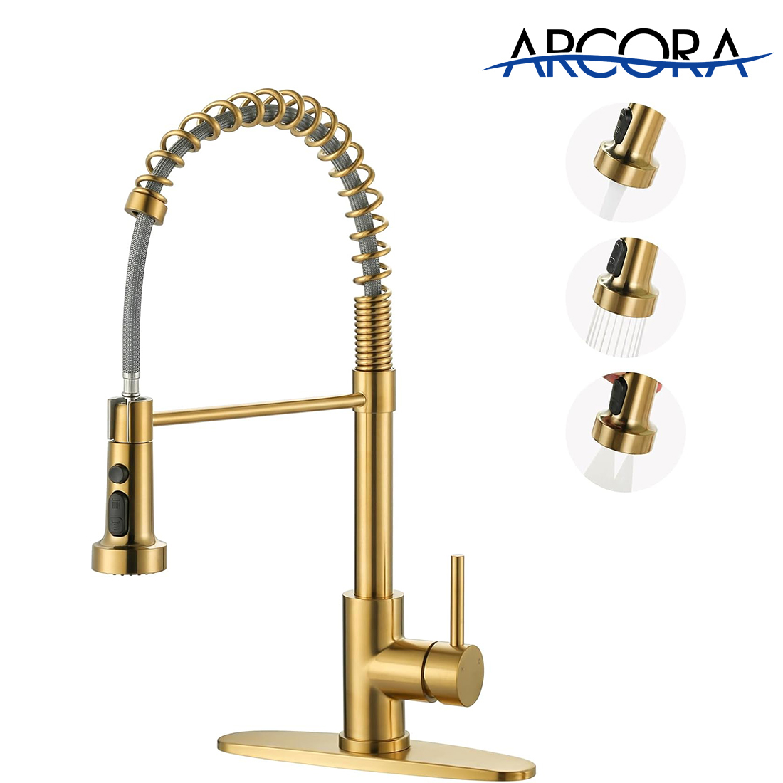 ARCORA Brushed Gold Pull Down Spring Kitchen Faucets with Deck Plate for Farmhouse RV Laundry