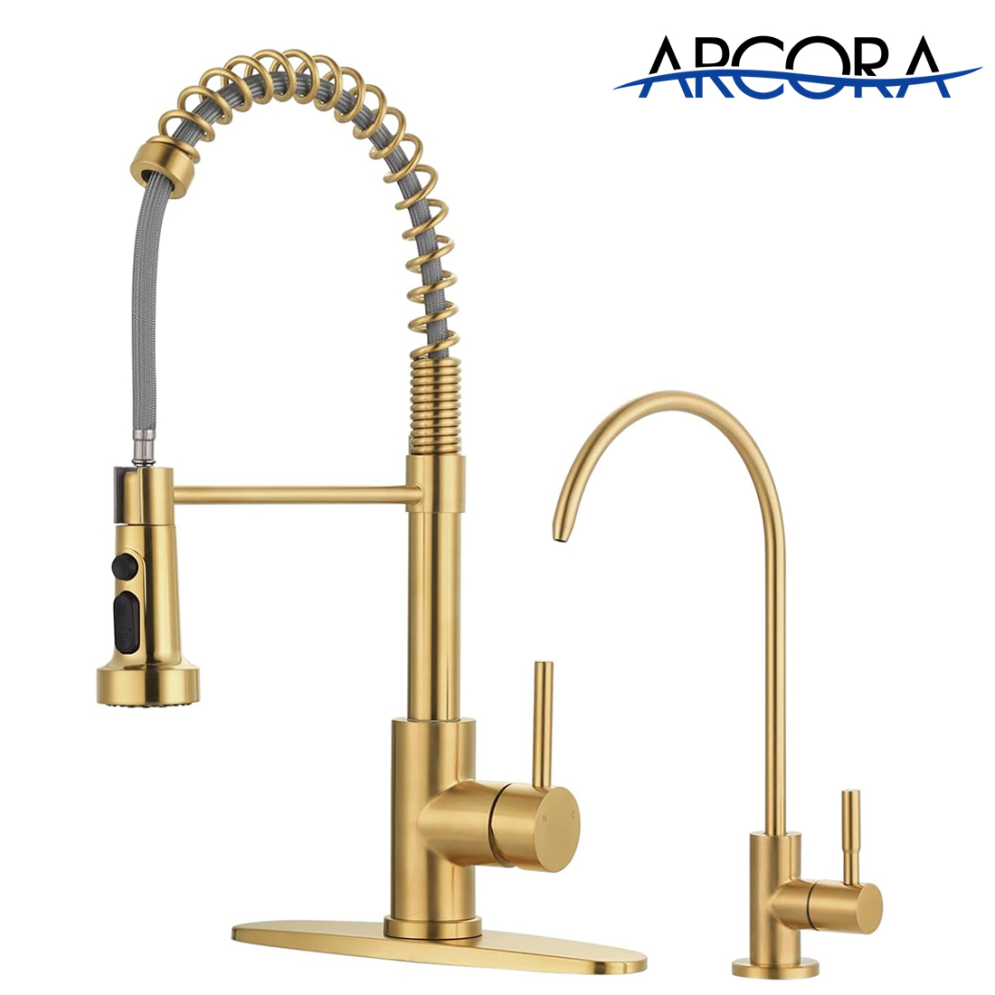 ARCORA Brushed Gold Pull Down Spring Kitchen Faucets with Water Filter Faucet Combo