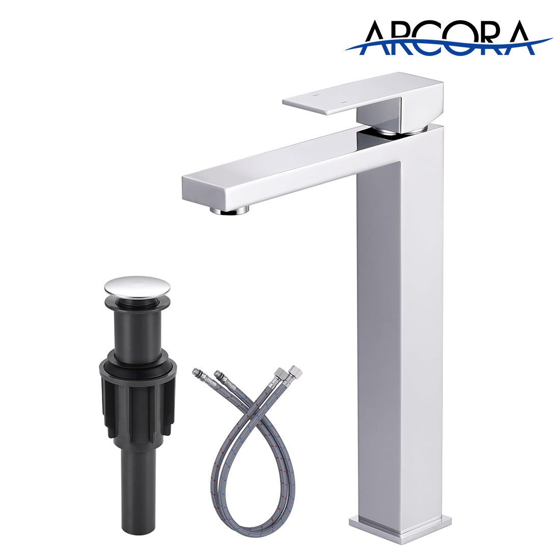 ARCORA Single Handle Chrome Vessel Sink Faucet with Pop Up Drain and Supply Lines