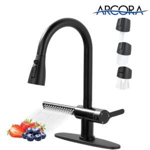 ARCORA Matte Black 3-Function Single Handle Pull Down Kitchen Sink Faucet with Waterfall Spout