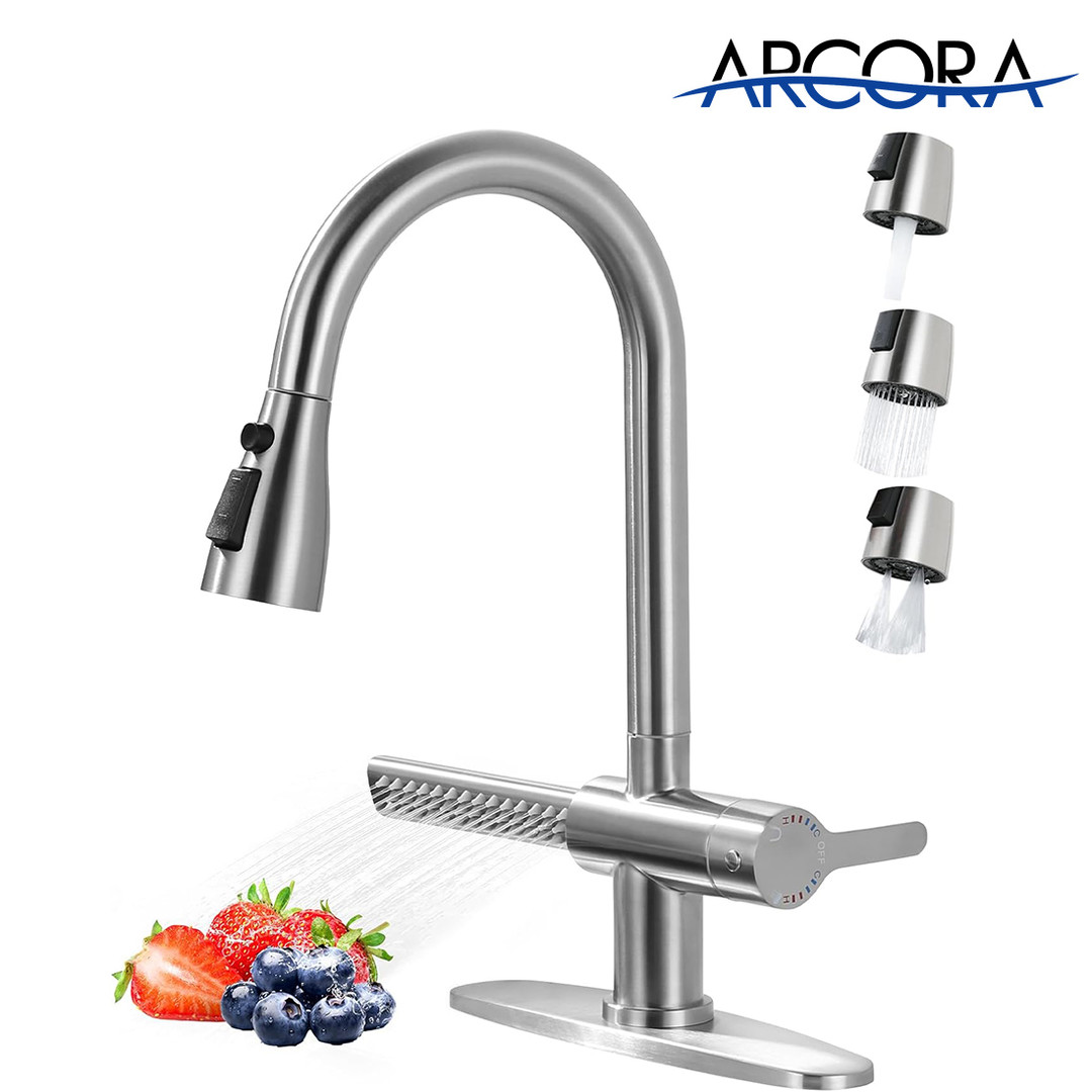 ARCORA Brushed Nickel 3-Function Single Handle Pull Down Kitchen Sink Faucet with Waterfall Spout