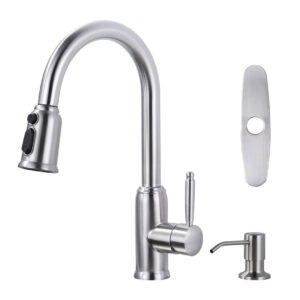 Single Handle Pull Out Sprayer Kitchen Faucet Deckplate Included with Soap Dispenser in Brushed Nickel
