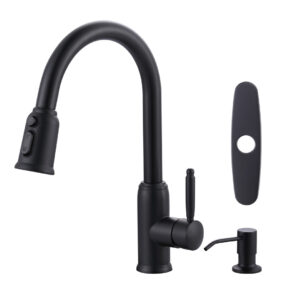 Single Handle Pull Out Sprayer Kitchen Faucet Deckplate Included with Soap Dispenser in Matte Black