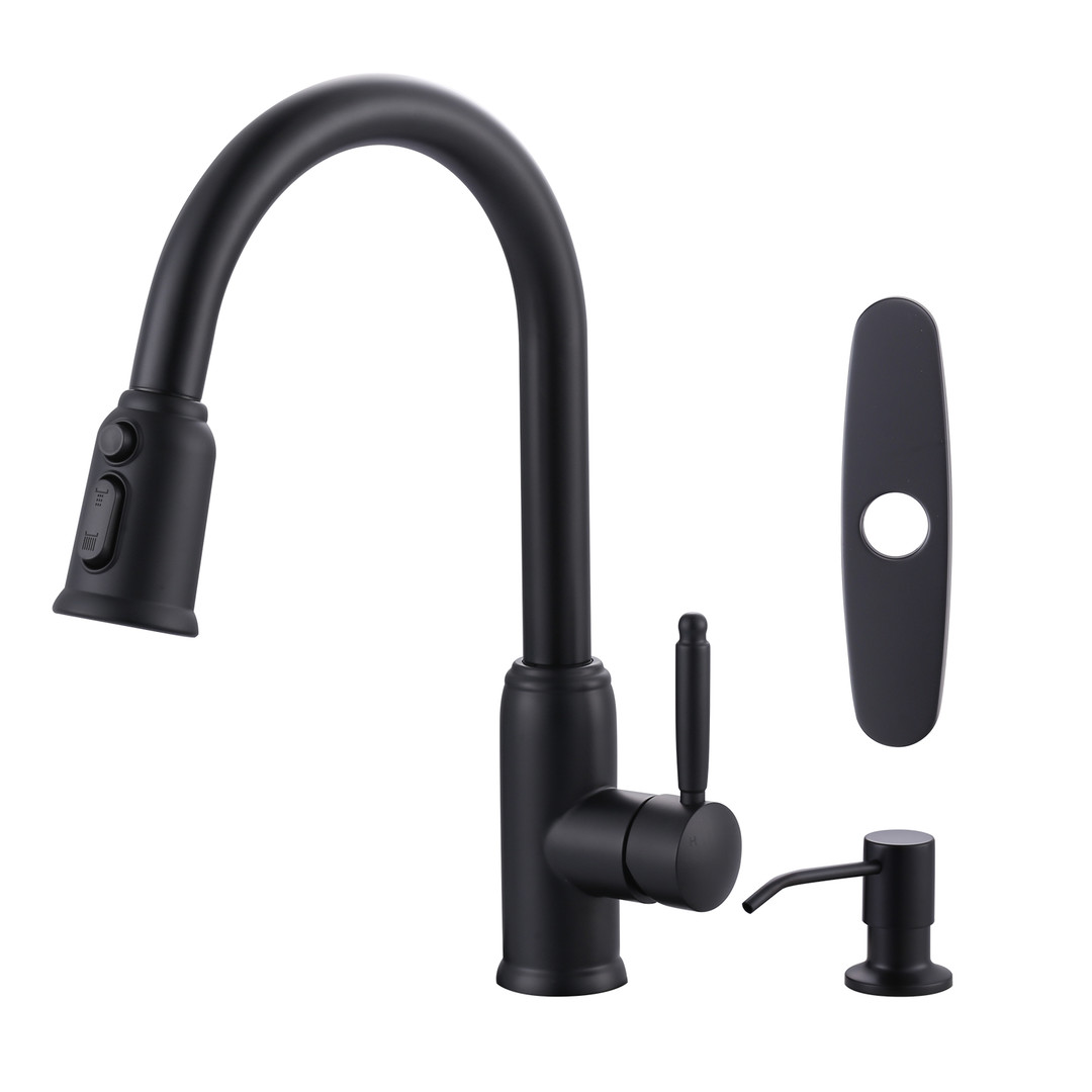 Single Handle Pull Out Sprayer Kitchen Faucet Deckplate Included with Soap Dispenser in Matte Black