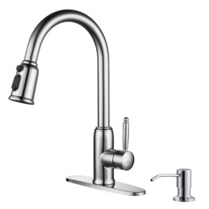 Single Handle Pull Out Sprayer Kitchen Faucet Deckplate Included with Soap Dispenser in Chrome