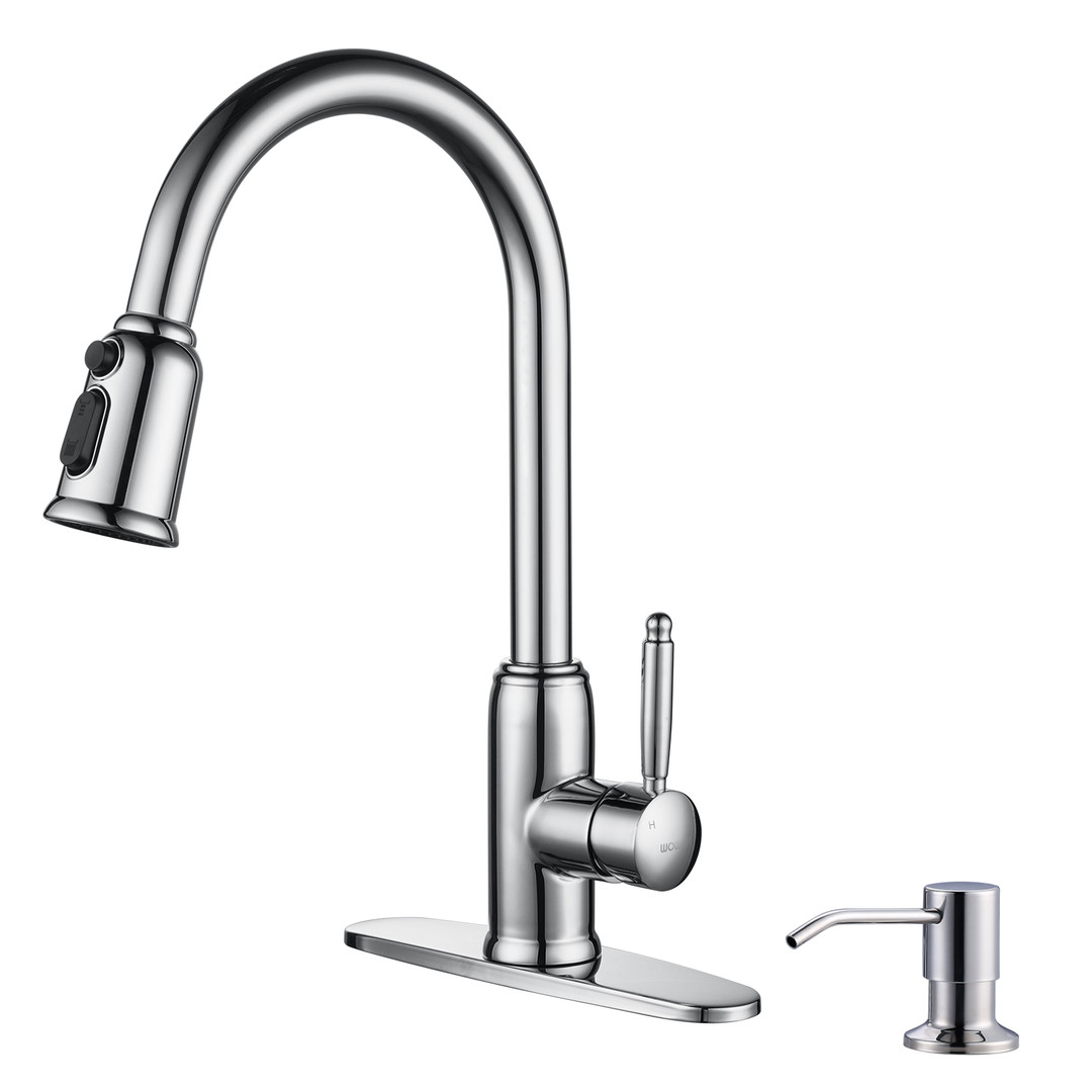 Single Handle Pull Out Sprayer Kitchen Faucet Deckplate Included with Soap Dispenser in Chrome