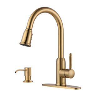 Single Handle Pull Out Sprayer Kitchen Faucet Deckplate Included with Soap Dispenser in Brushed Gold