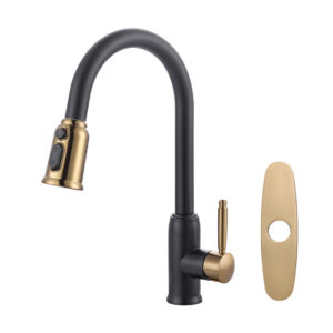 Single Handle Pull Out Sprayer Kitchen Faucet Included Deckplate in Black and Gold