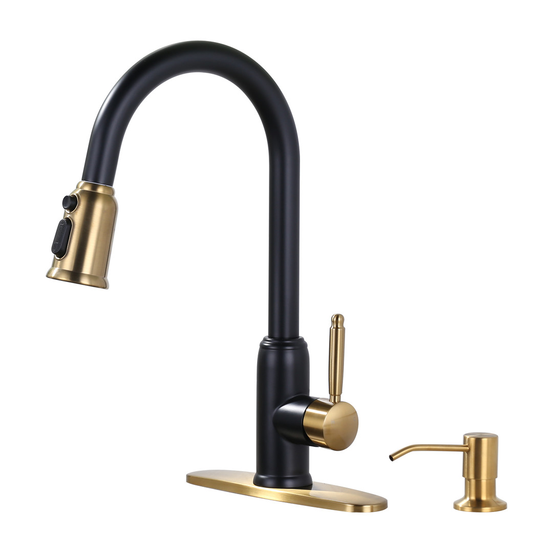 Single Handle Pull Out Sprayer Kitchen Faucet Deck plate Included with Soap Dispenser in Black and Gold