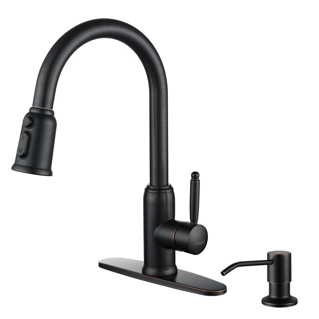 Single Handle Pull Out Sprayer Kitchen Faucet Deckplate Included with Soap Dispenser in Oil Rubbed Bronze