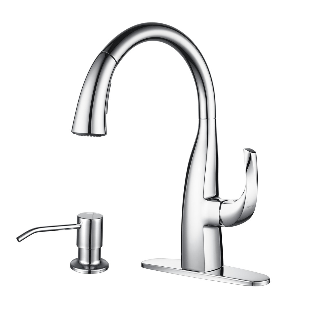 Single Handle Gooseneck Pull Down Sprayer Kitchen Faucet Stainless Steel with Soap Dispenser in Brushed Nickel