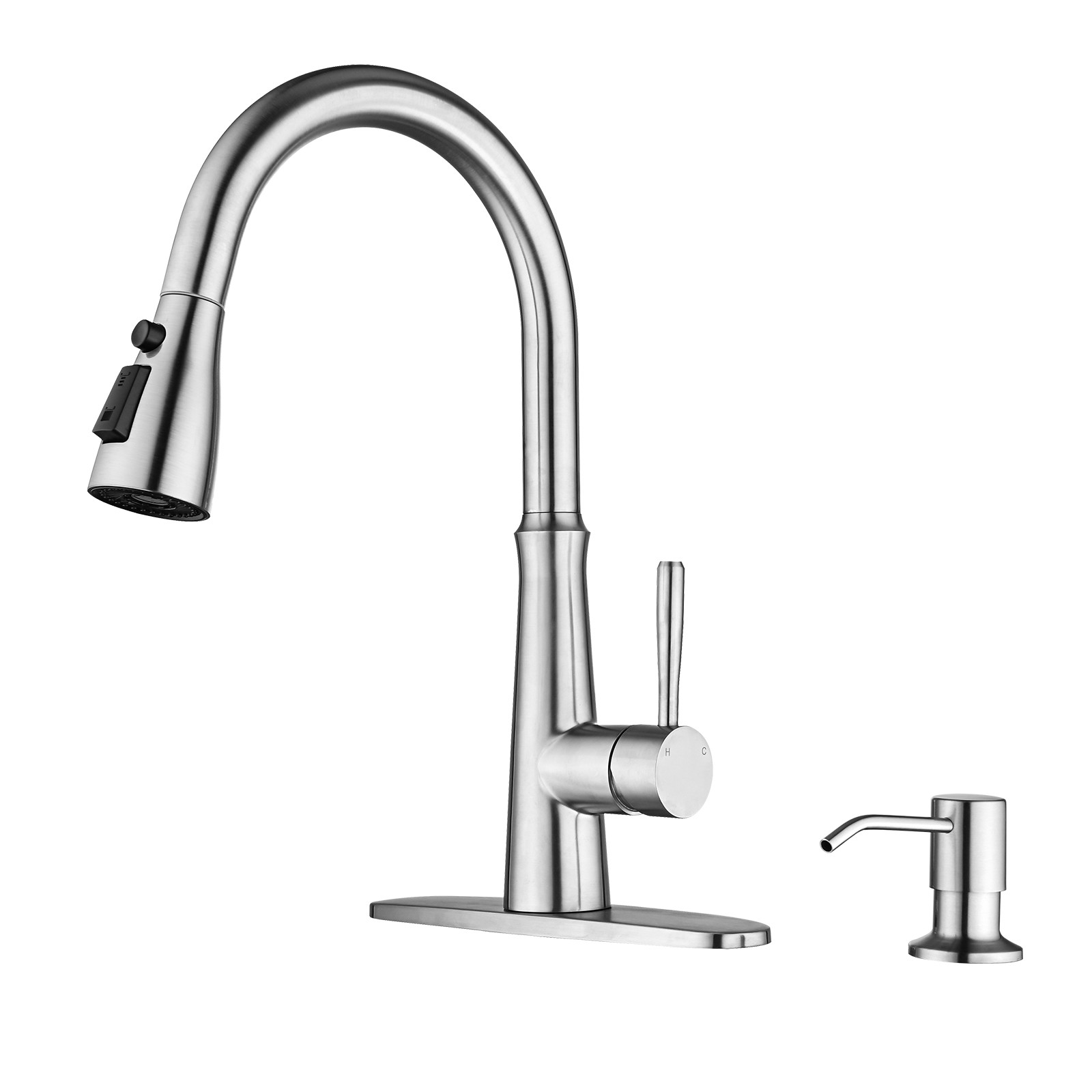 Single Handle Stainless Steel Pull Down Sprayer Kitchen Faucet with Soap Dispenser in Brushed Nickel