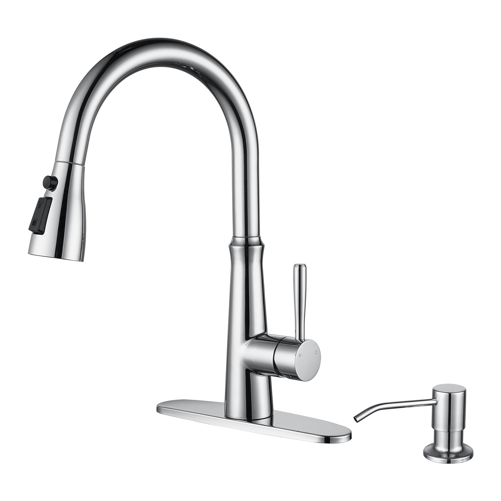 Single Handle Stainless Steel Pull Down Sprayer Kitchen Faucet with Soap Dispenser in Chrome
