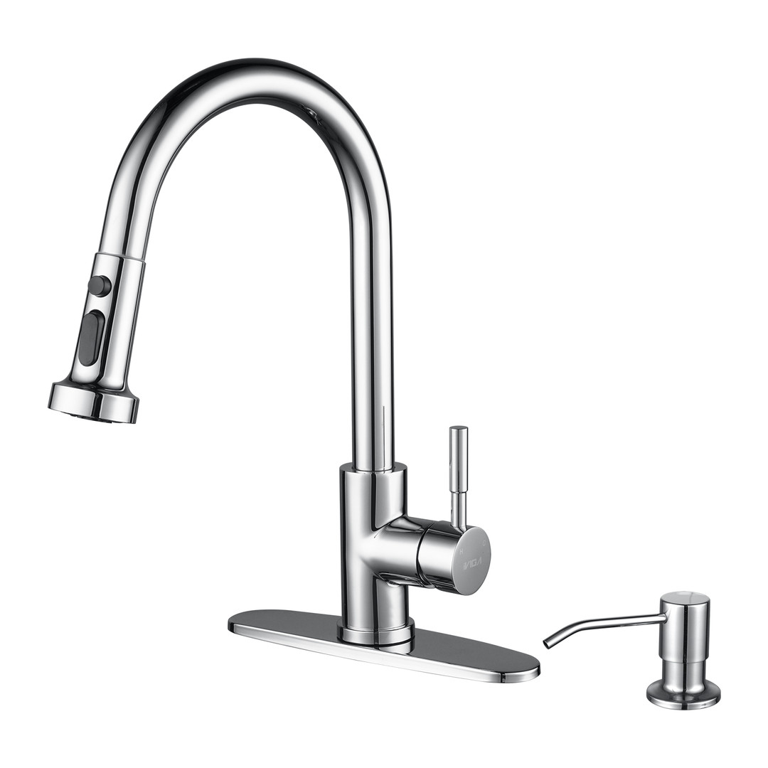 Single Handle Pull-Down Sprayer Kitchen Faucet Set Stainless Steel with Soap Dispenser in Chrome