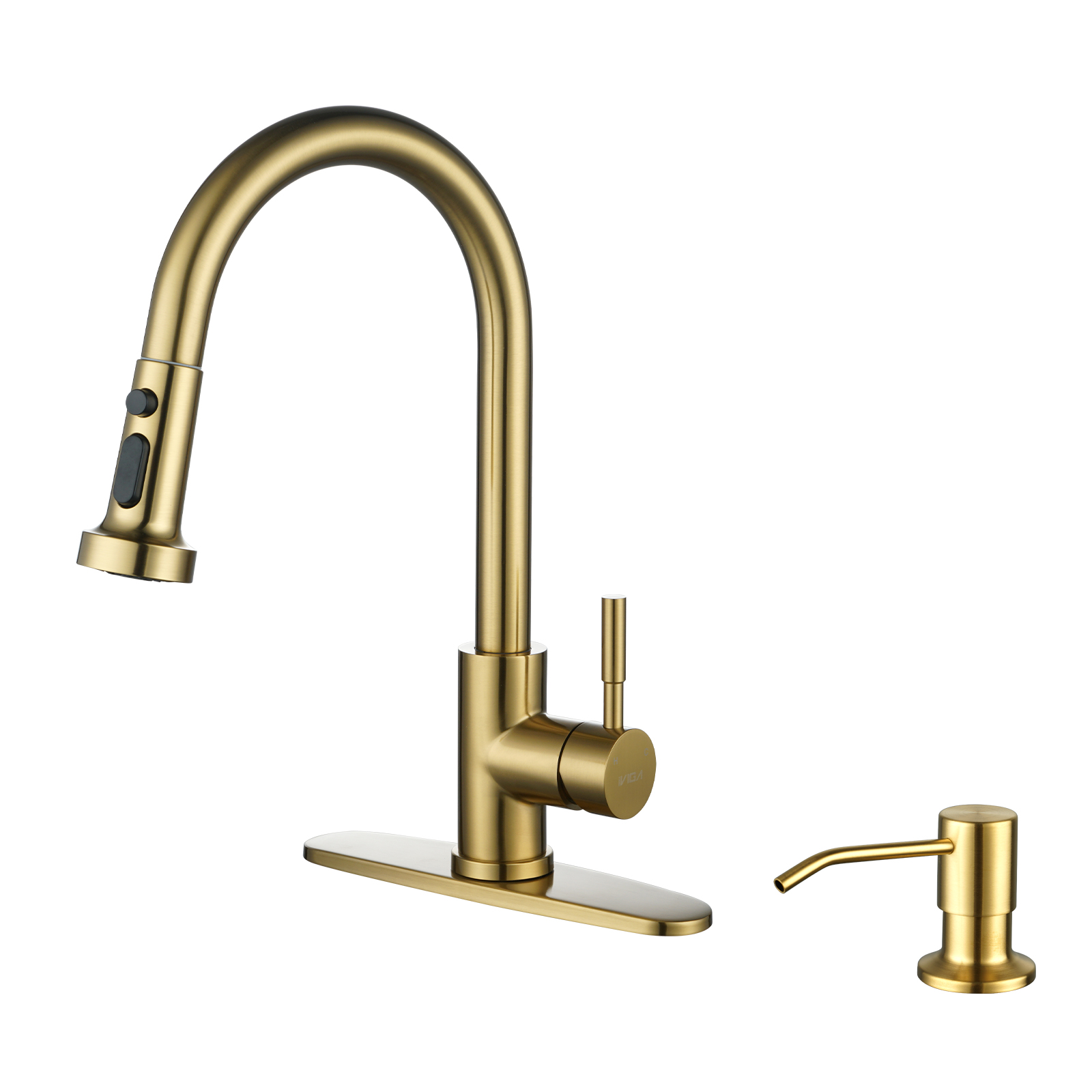 Single Handle Pull-Down Sprayer Kitchen Faucet Set Stainless Steel with Soap Dispenser in Gold