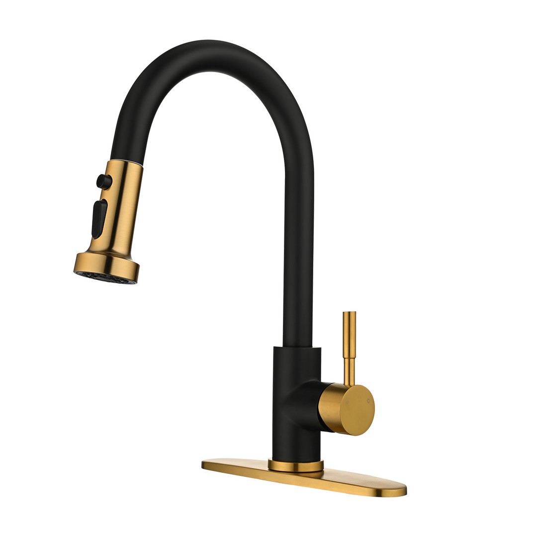 Single Handle High Arc Sink Faucet with Pull Down Sprayer in Brushed Gold and Matte Black