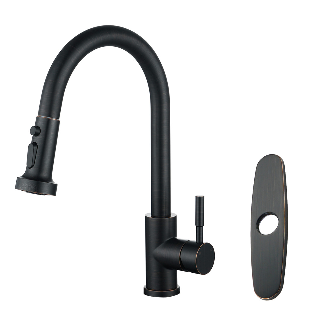 Single Handle Pull Down Sprayer Kitchen Faucet with Deck Plate in Oil Rubbed Bronze