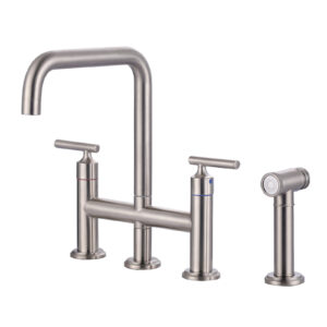 Double Handle Brass Bridge Kitchen Faucet, Deck Mount Kitchen Sink Faucet with Side Sprayer in Brushed Nickel