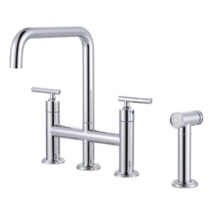 Double Handle Brass Bridge Kitchen Faucet, Deck Mount Kitchen Sink Faucet with Side Sprayer in Polished Chrome
