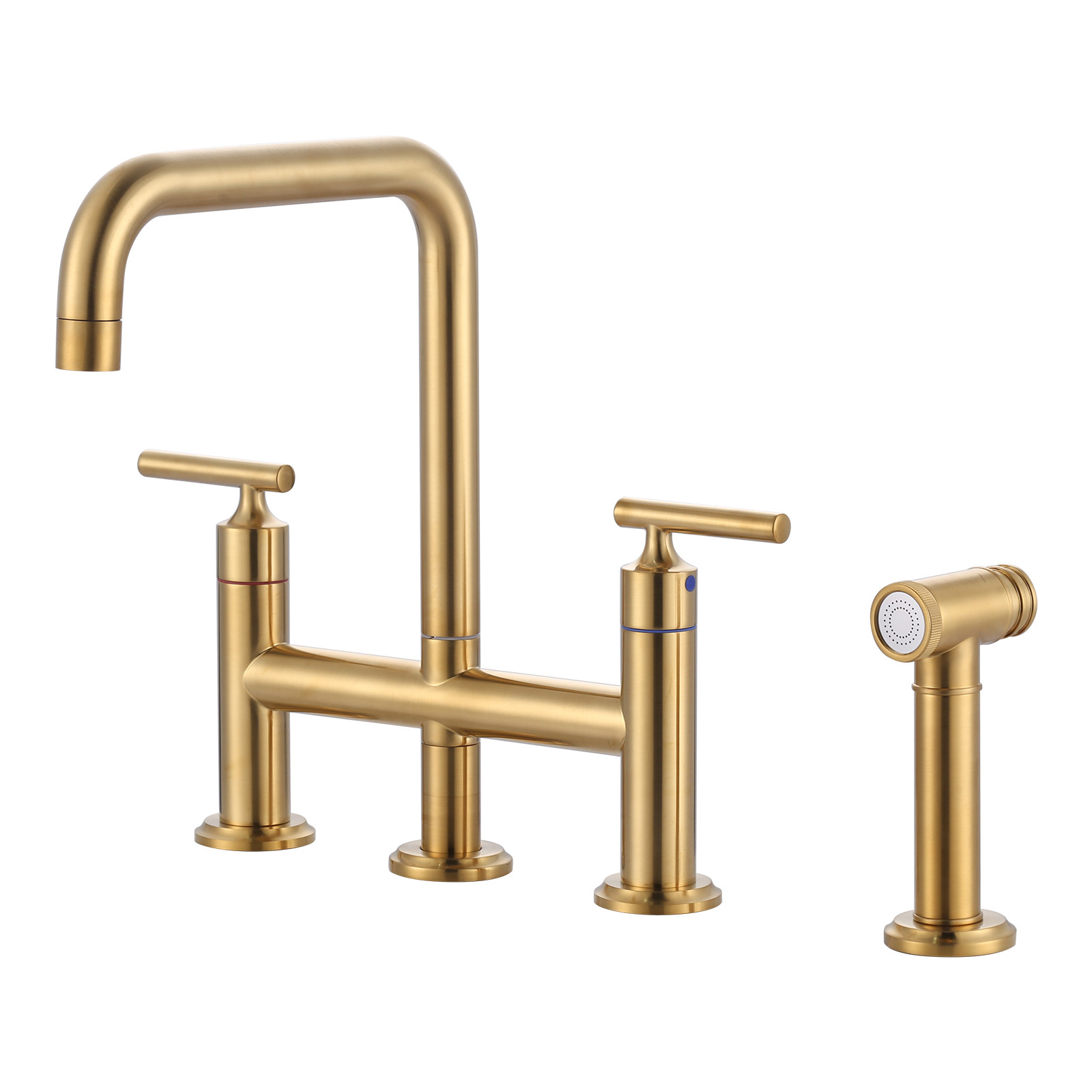 Double Handle Brass Bridge Kitchen Faucet, Deck Mount Kitchen Sink Faucet with Side Sprayer in Brushed Gold