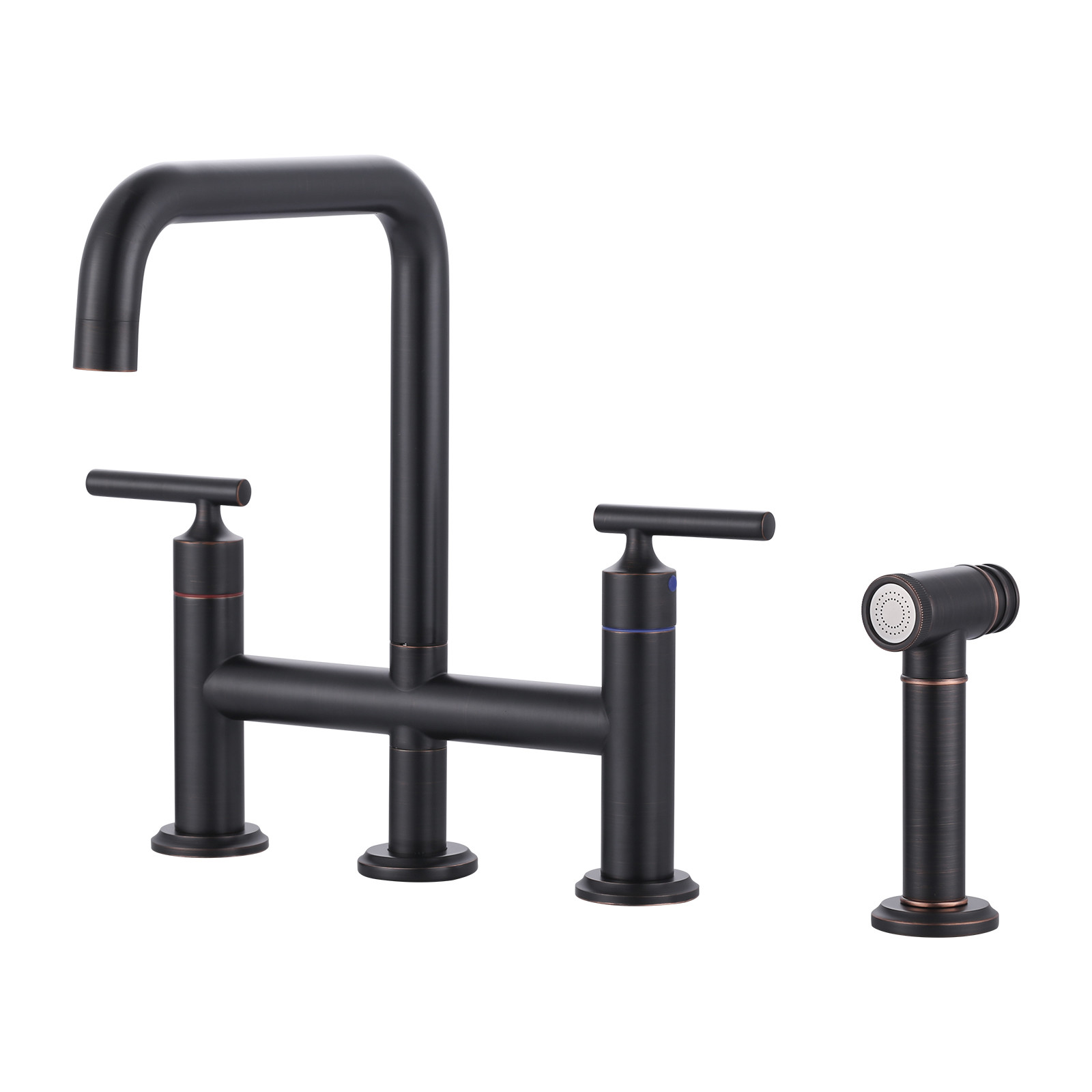 Double Handle Brass Bridge Kitchen Faucet, Deck Mount Kitchen Sink Faucet with Side Sprayer in Oil Rubbed Bronze