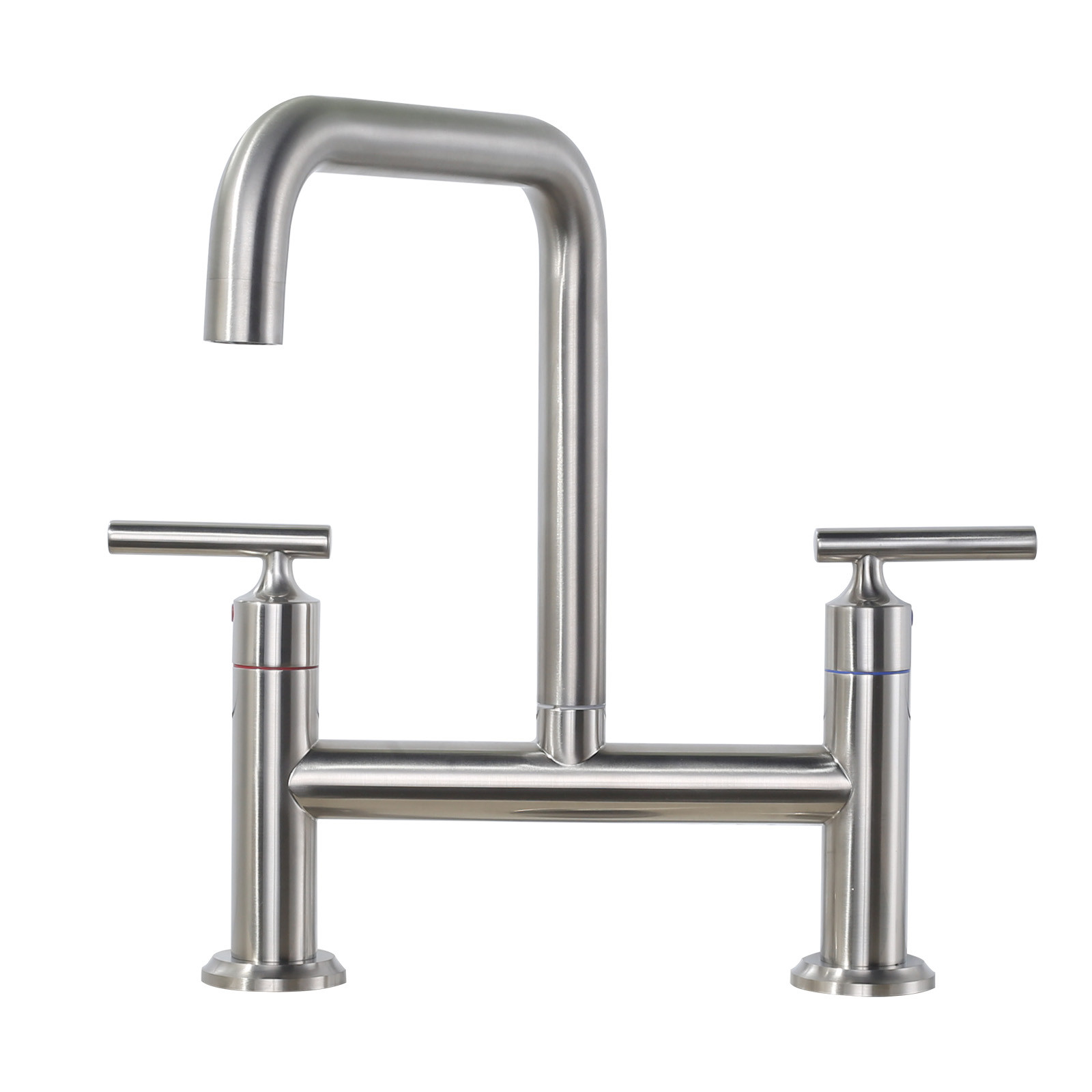 Modern Double Handle High Arc Solid Brass Bridge Kitchen Faucet in Brushed Nickel