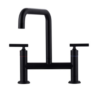 Modern Double Handle High Arc Solid Brass Bridge Kitchen Faucet in Matte Black