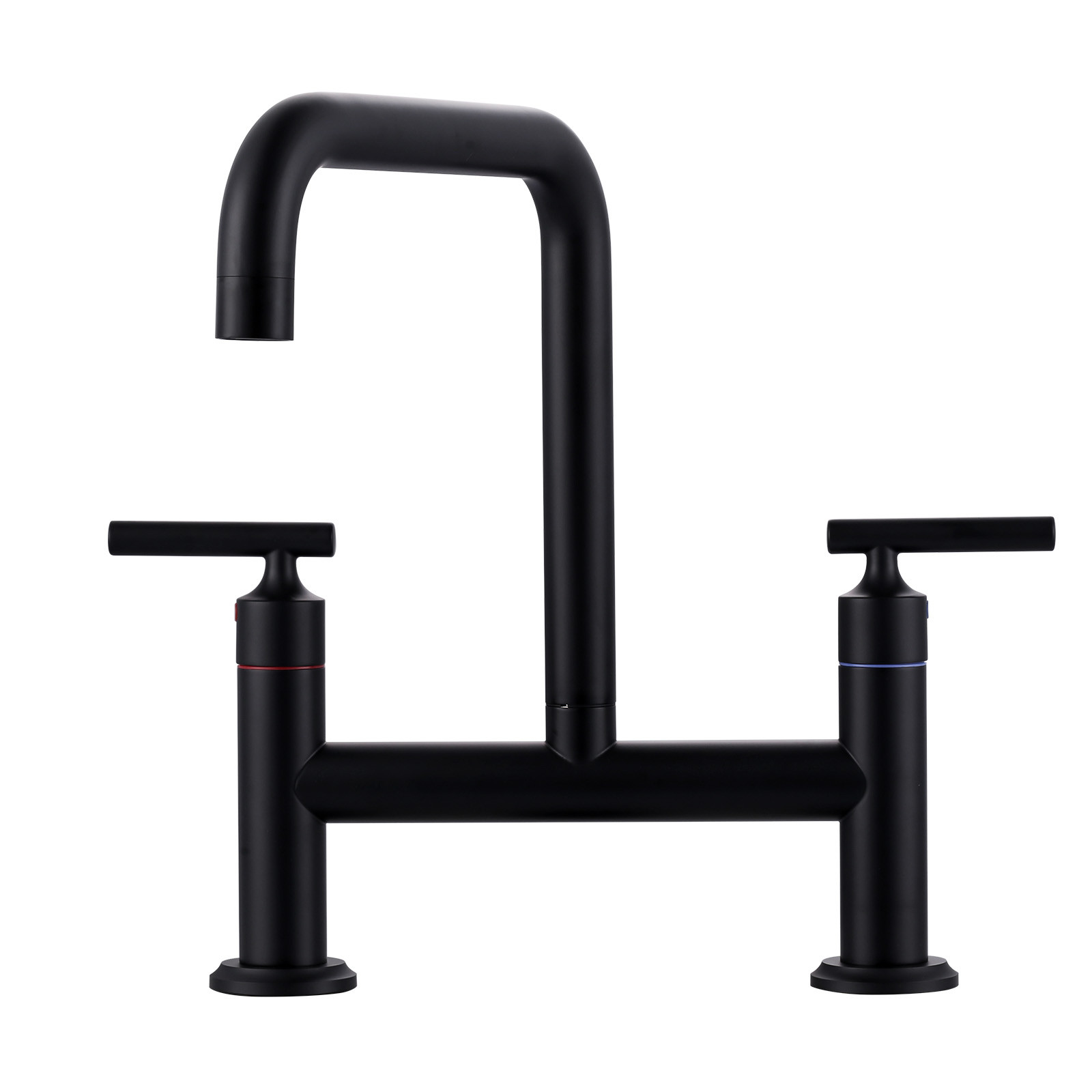 Modern Double Handle High Arc Solid Brass Bridge Kitchen Faucet in Matte Black
